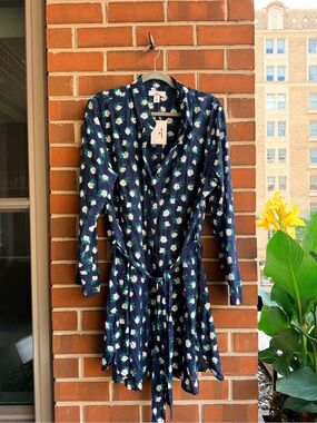 Draper James Navy Blue Floral Shirt Dress Coverup with Tie NWT
